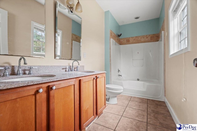 full bathroom featuring tile patterned flooring, bathing tub / shower combination, vanity, and toilet