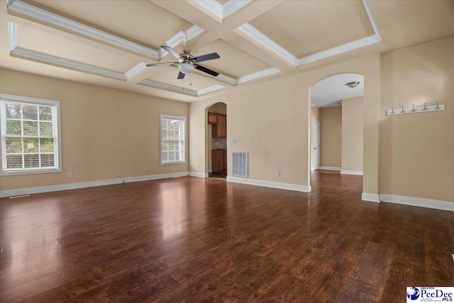 spare room with coffered ceiling, dark hardwood / wood-style floors, a wealth of natural light, and ceiling fan