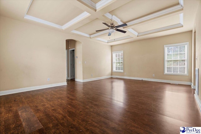 empty room with coffered ceiling, a wealth of natural light, dark hardwood / wood-style floors, and ceiling fan