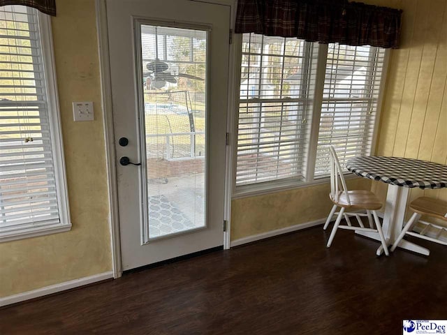 doorway with dark wood-style floors, plenty of natural light, and baseboards