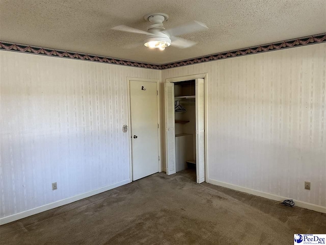 1824 Furman Dr, Florence, SC 29501 - unfurnished bedroom with a textured ceiling, carpet, a closet, ceiling fan, and baseboards
