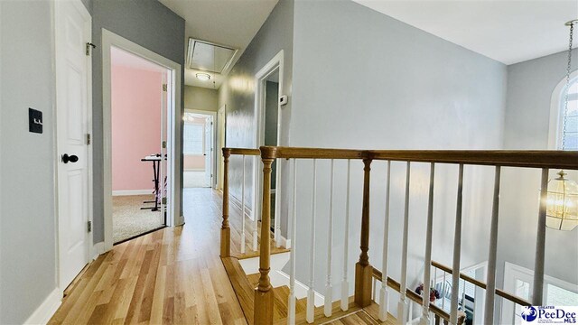 2423 Ben Hogan Cir, Florence, SC 29506 - hallway with an upstairs landing, attic access, light wood-style flooring, and baseboards
