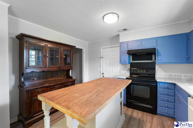 2206 W Piccadilly Dr, Florence, SC 29501 - kitchen with black range with electric stovetop, blue cabinets, under cabinet range hood, wood finished floors, and crown molding