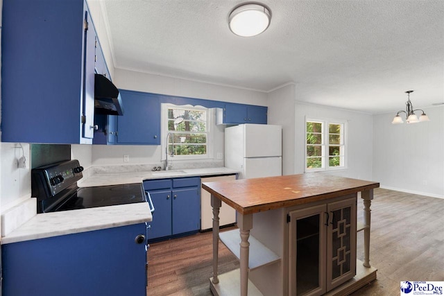 2206 W Piccadilly Dr, Florence, SC 29501 - kitchen with white appliances, blue cabinetry, a textured ceiling, a sink, and under cabinet range hood