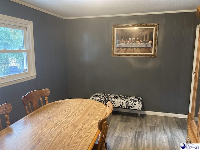 dining room with crown molding and dark hardwood / wood-style flooring