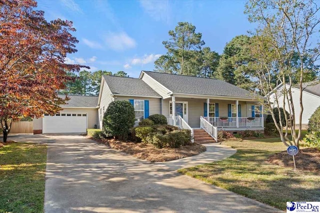 ranch-style house featuring a garage, a front yard, and a porch