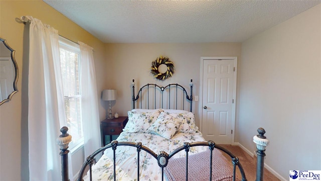 bedroom with carpet floors and a textured ceiling