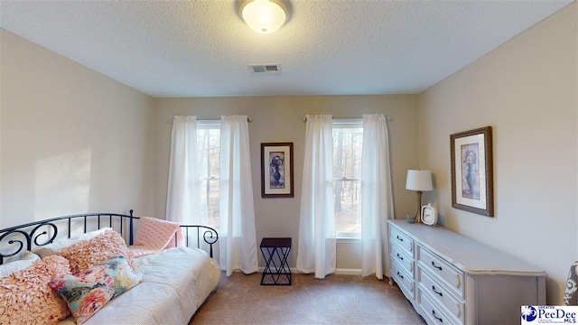 carpeted bedroom with a textured ceiling