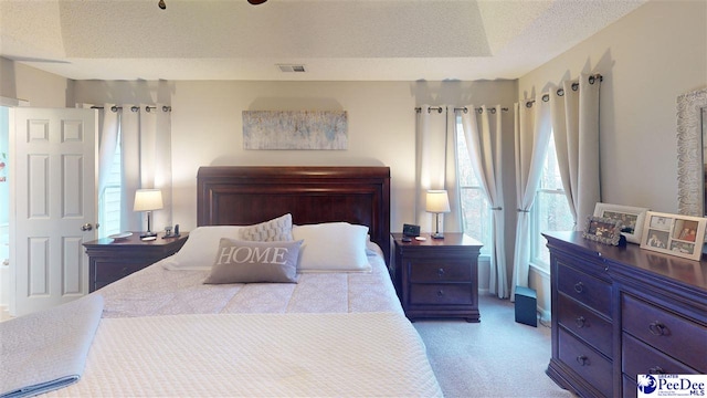 bedroom featuring a raised ceiling and a textured ceiling