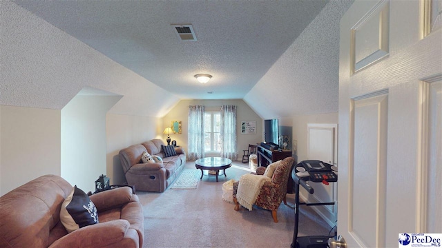 carpeted living room with vaulted ceiling and a textured ceiling