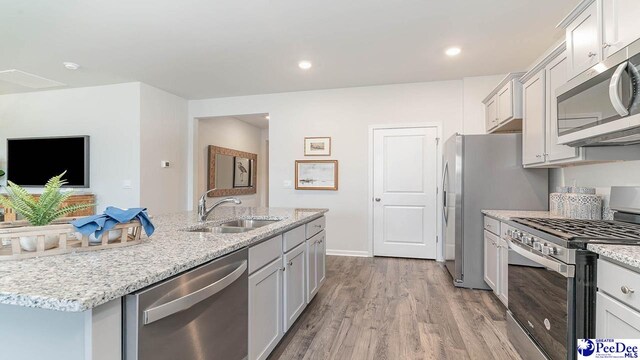 kitchen with sink, a kitchen island with sink, light stone counters, stainless steel appliances, and light wood-type flooring