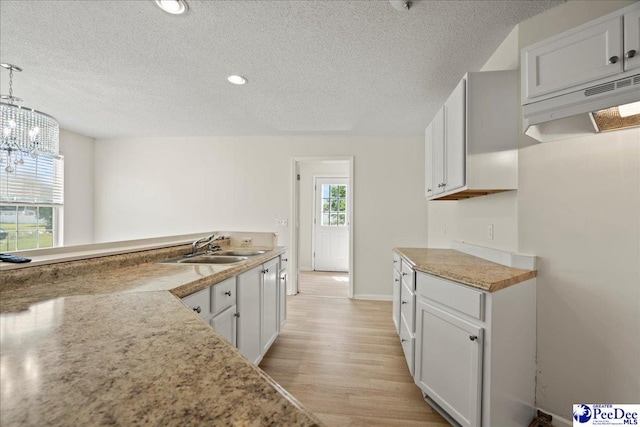 1763 Lipscomb Rd, Mullins, SC 29574 - kitchen featuring a sink, a textured ceiling, under cabinet range hood, light wood-style flooring, and light countertops