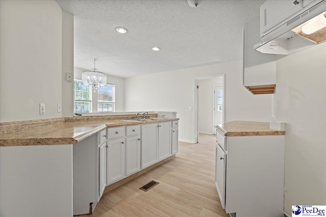 1763 Lipscomb Rd, Mullins, SC 29574 - kitchen featuring ventilation hood, a textured ceiling, light wood-style flooring, a sink, and white cabinets
