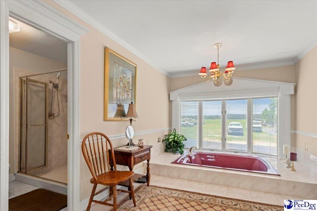 2284 Syracuse Community Rd, Darlington, SC 29532 - full bathroom with tile patterned flooring, a bath, a chandelier, a stall shower, and crown molding