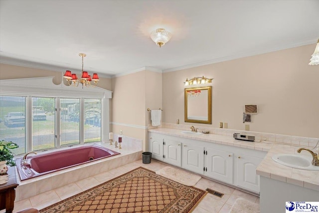 2284 Syracuse Community Rd, Darlington, SC 29532 - bathroom with a chandelier, double vanity, tile patterned floors, a bath, and crown molding