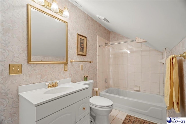 2284 Syracuse Community Rd, Darlington, SC 29532 - bathroom featuring wallpapered walls, toilet, tile patterned flooring, vanity, and shower / bath combination with curtain