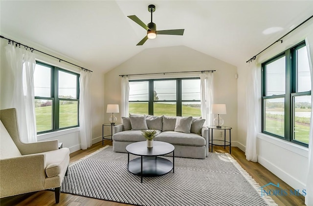 living room featuring ceiling fan, hardwood / wood-style flooring, and plenty of natural light