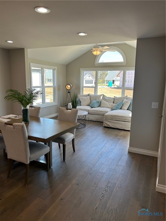 interior space with dark hardwood / wood-style flooring, ceiling fan, and vaulted ceiling