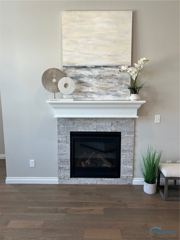 details featuring dark hardwood / wood-style flooring and a fireplace