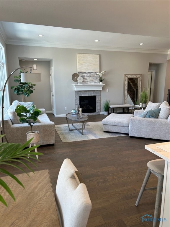 living room featuring crown molding and dark hardwood / wood-style floors