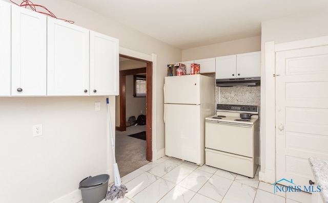 kitchen featuring white cabinets, backsplash, light tile floors, and white appliances