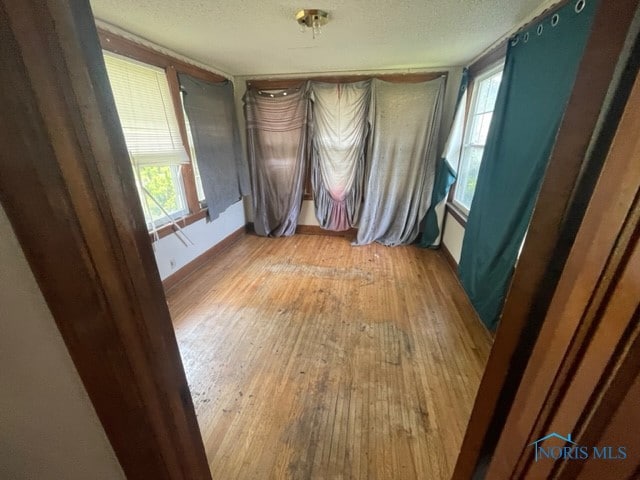 spare room with light hardwood / wood-style floors and a textured ceiling