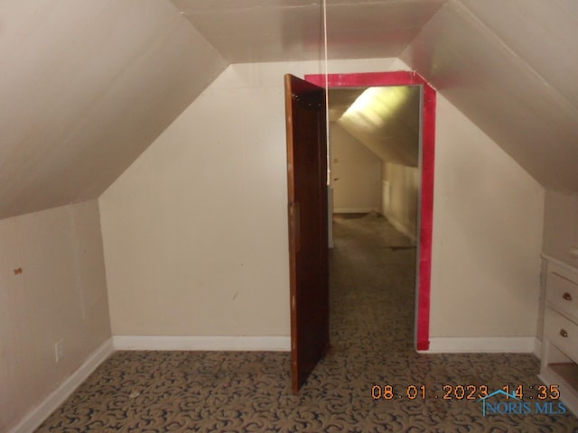 additional living space with lofted ceiling and dark carpet