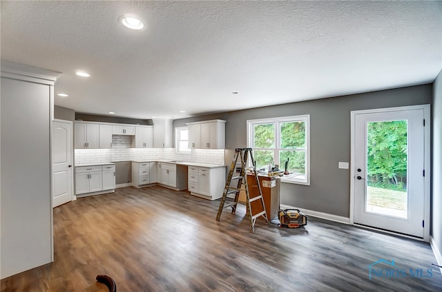 kitchen with white cabinets, dark hardwood / wood-style floors, tasteful backsplash, and a textured ceiling