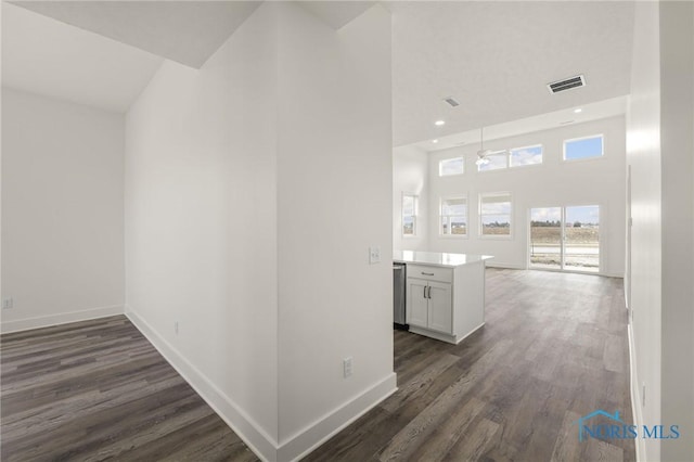 hallway with a high ceiling and dark hardwood / wood-style floors