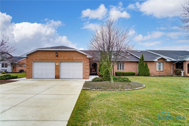 ranch-style house with a front yard and a garage