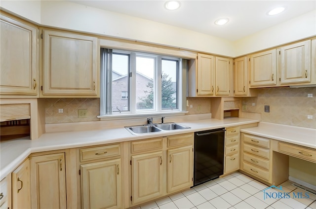 kitchen with light tile flooring, tasteful backsplash, light brown cabinetry, dishwasher, and sink