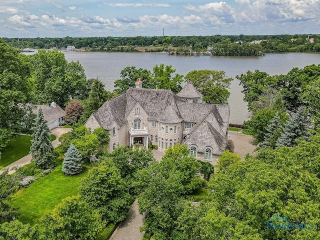 drone / aerial view with a water view