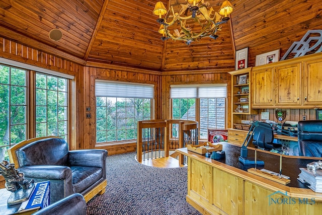 office area featuring wood walls, hardwood / wood-style flooring, a chandelier, wooden ceiling, and high vaulted ceiling