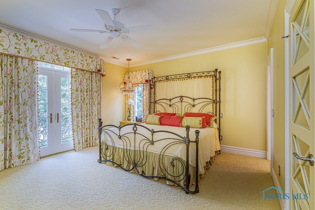 bedroom featuring ceiling fan, access to exterior, french doors, and carpet