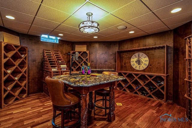 wine area featuring a paneled ceiling, wooden walls, and dark hardwood / wood-style flooring