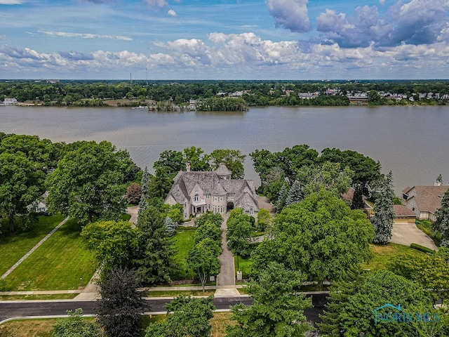 drone / aerial view with a water view