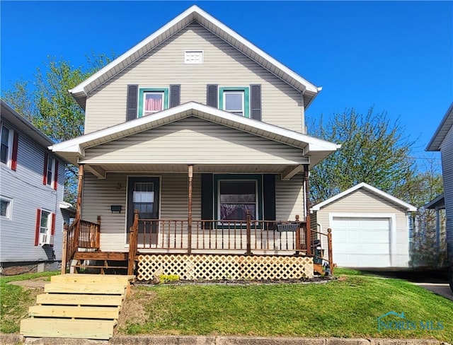 view of front facade with a front lawn, an outdoor structure, a garage, and a porch