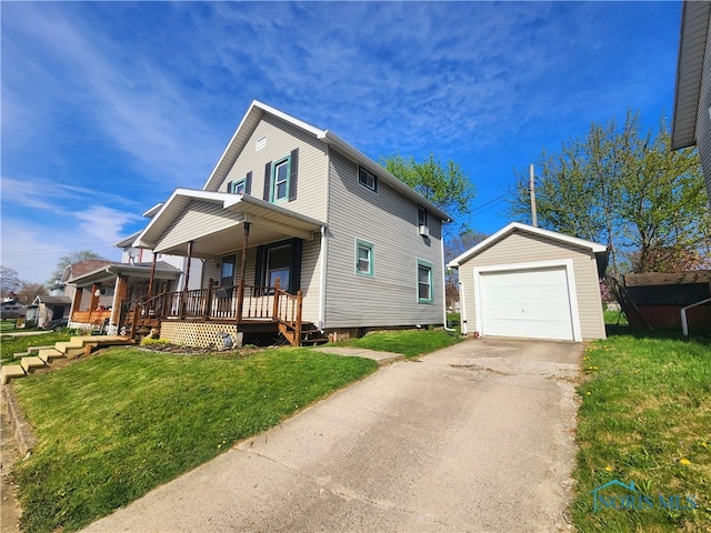 view of front of property with an outdoor structure, a garage, a porch, and a front yard