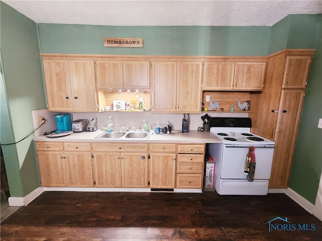 kitchen featuring light brown cabinets, electric range, dark hardwood / wood-style floors, and sink