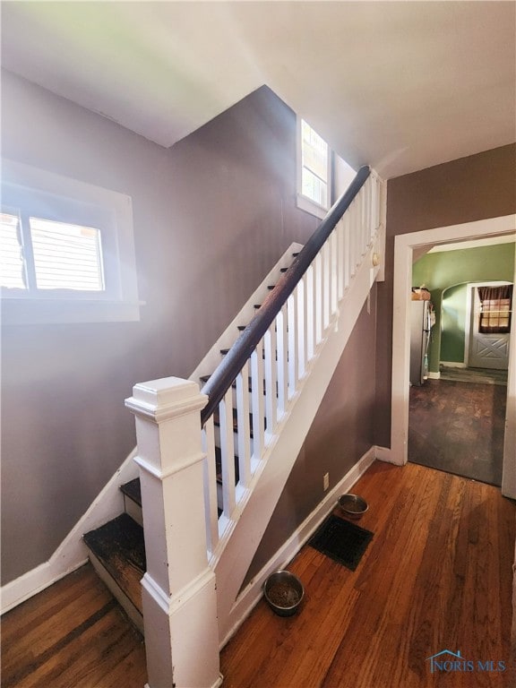 stairs with dark hardwood / wood-style flooring