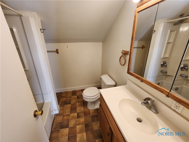 full bathroom with washtub / shower combination, vanity with extensive cabinet space, toilet, and tile flooring