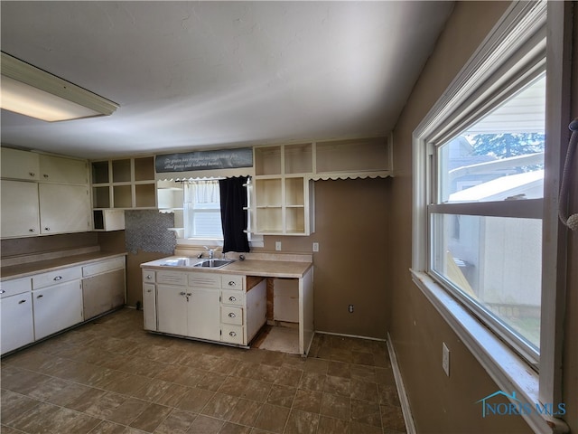 kitchen with plenty of natural light, sink, dark tile floors, and white cabinetry