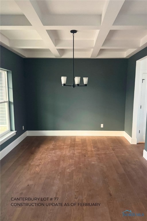 unfurnished dining area with coffered ceiling, dark wood-type flooring, beamed ceiling, and a chandelier