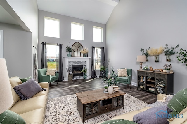 living room with a fireplace, wood-type flooring, and high vaulted ceiling