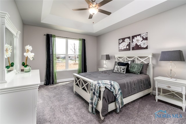 carpeted bedroom with a raised ceiling and ceiling fan