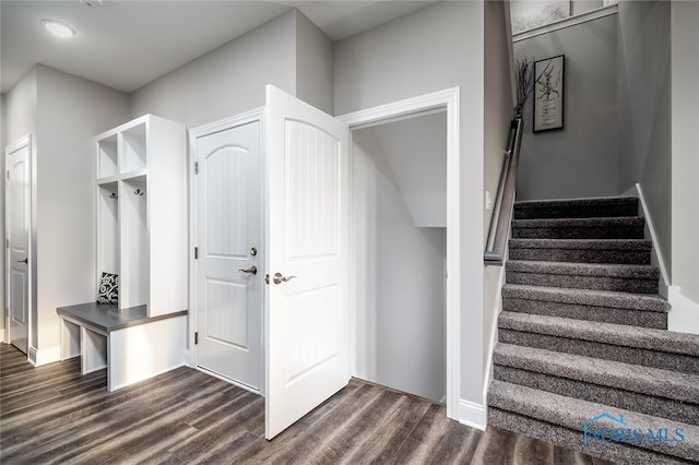 stairs featuring hardwood / wood-style flooring