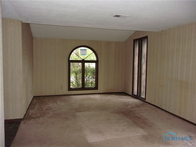 carpeted spare room with wooden walls, a textured ceiling, and lofted ceiling