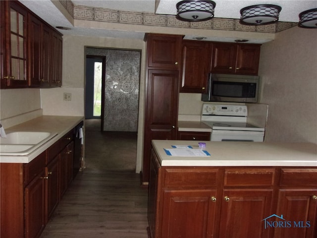 kitchen with sink, white range with electric stovetop, dark hardwood / wood-style floors, and dishwashing machine