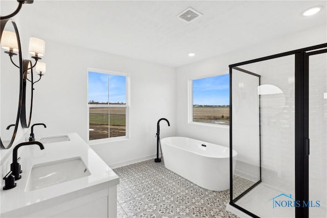 bathroom with a washtub and vanity