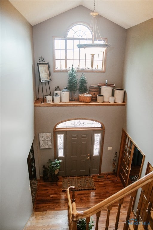 foyer entrance featuring hardwood / wood-style floors, lofted ceiling, and a wealth of natural light